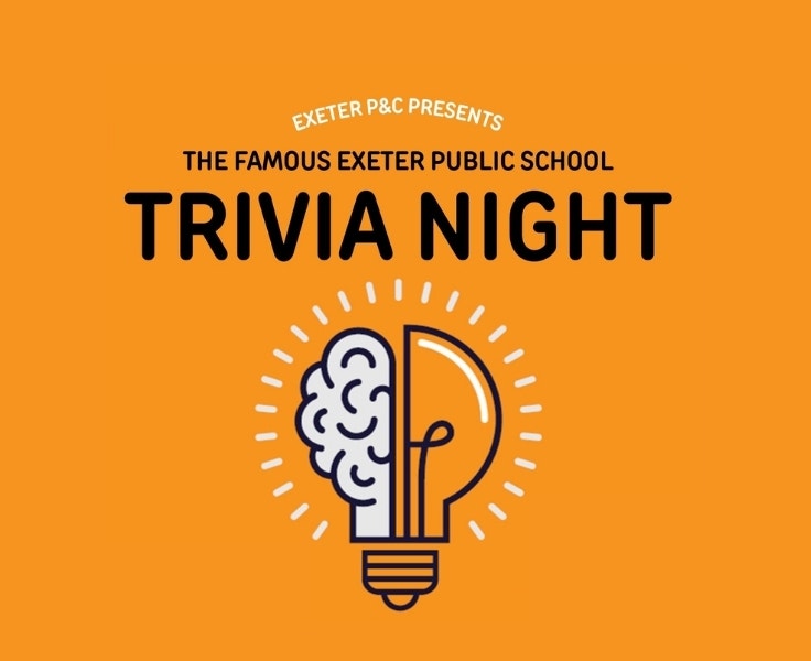 Bright orange poster for “The Famous Exeter Public School Trivia Night” presented by Exeter P&C, featuring a creative graphic of a brain and lightbulb combined to symbolize knowledge and ideas.