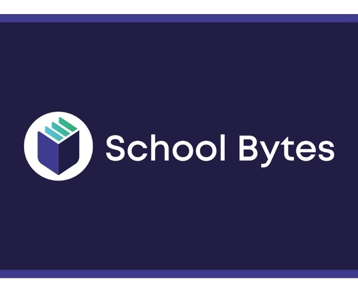 School Bytes logo featuring an abstract open book icon in blue and green, next to the text “School Bytes” on a dark blue background.