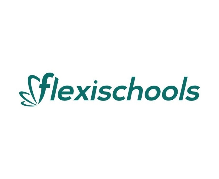 Flexischools logo featuring the word “flexischools” in lowercase green font, with a stylized abstract leaf or wing design to the left of the “f”.